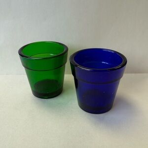 2 Vintage Miniature USA Cobalt and Green Glass Candle or Toothpick Holders.